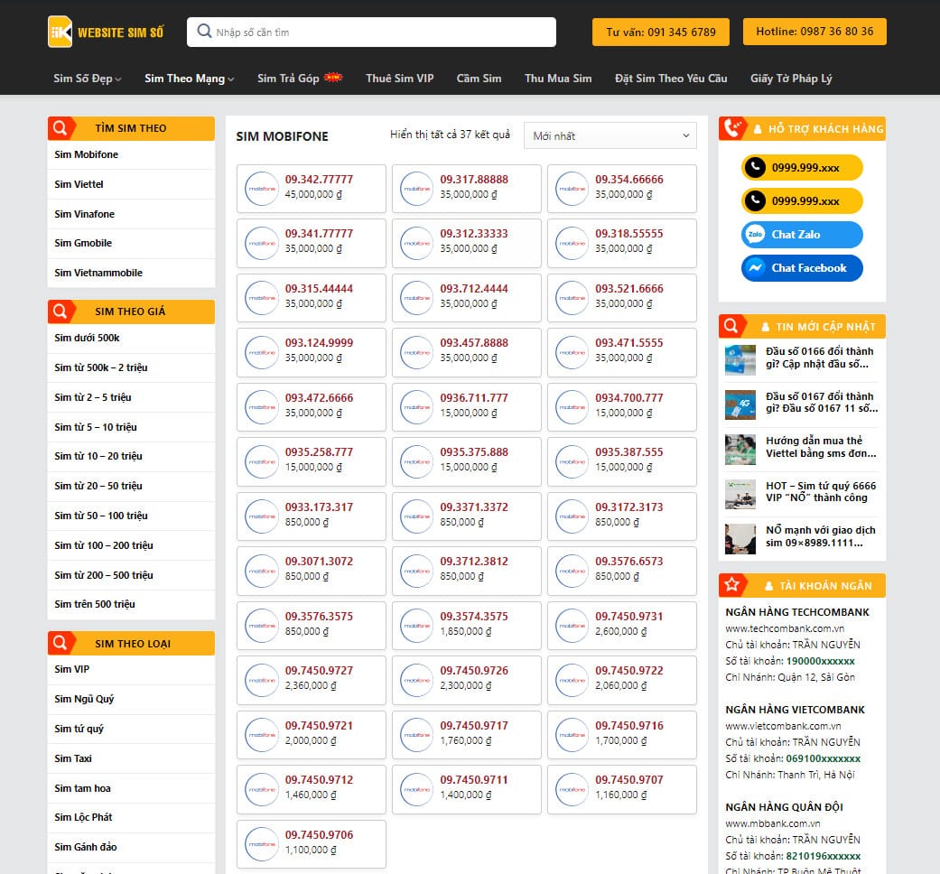 Mẫu theme wordpress bán sim số đẹp