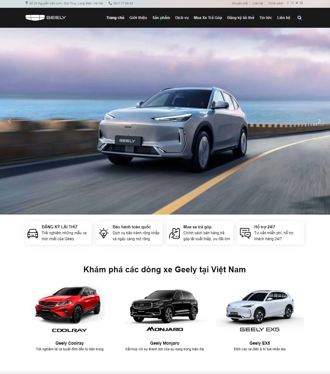 theme-wordpress-ban-xe-geely Giao diện theme WordPress bán xe Geely, hiển thị các mẫu xe rõ ràng và hỗ trợ đặt lịch lái thử.